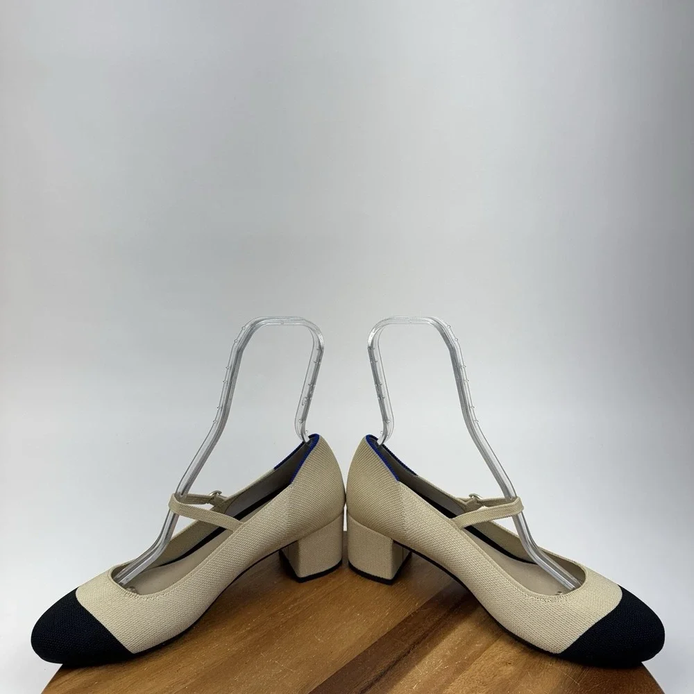New NWOB Womens Rothys The Mary Jane Beige Knit Cap Toe Block Heels Size 10.5 M